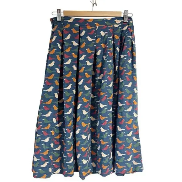 Comme Toi Women Small Blue Pleated Midi Skirt Bird Print Retro Look - Picture 2 of 7